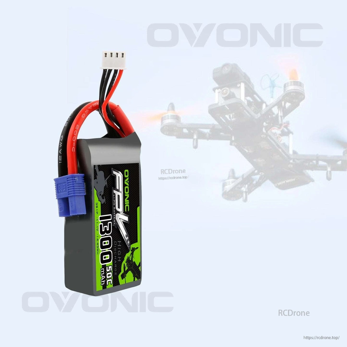 Battery shown upright with blurred FPV drone in background, highlighting EC3 plug and balance connector