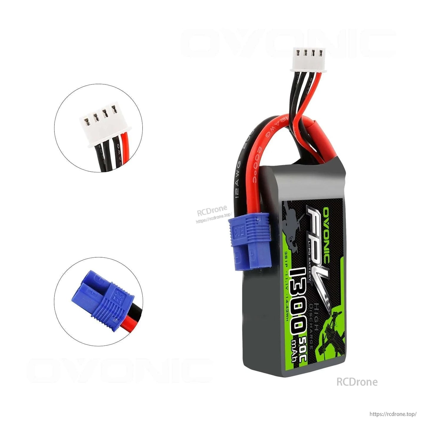 Connector close-ups: EC3 discharge plug and JST-XHR balance connector on OVONIC FPV 11.1V 1300mAh battery