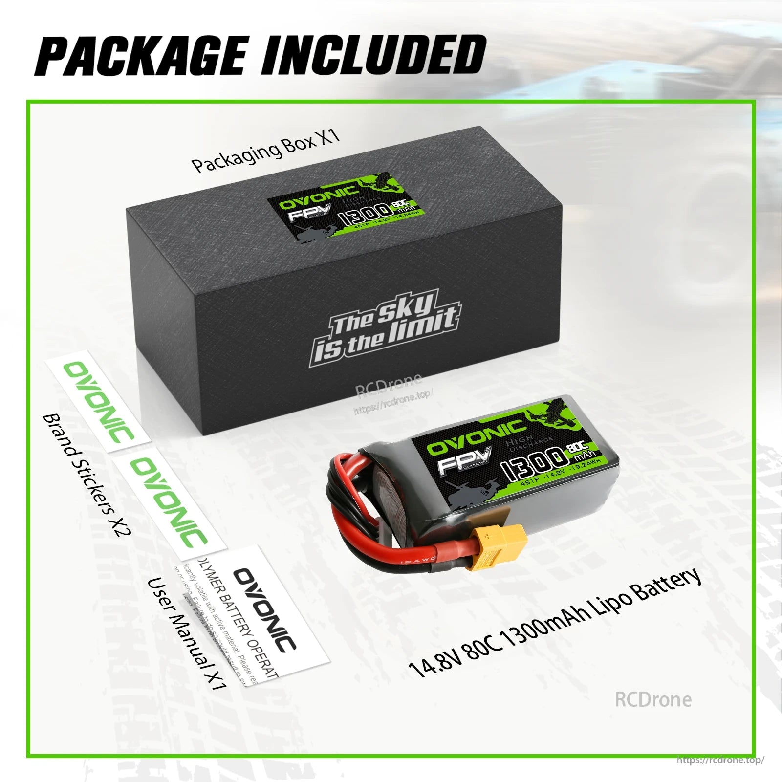 Package contents: OVONIC 14.8V 80C 1300mAh LiPo battery, box, brand stickers, and user manual