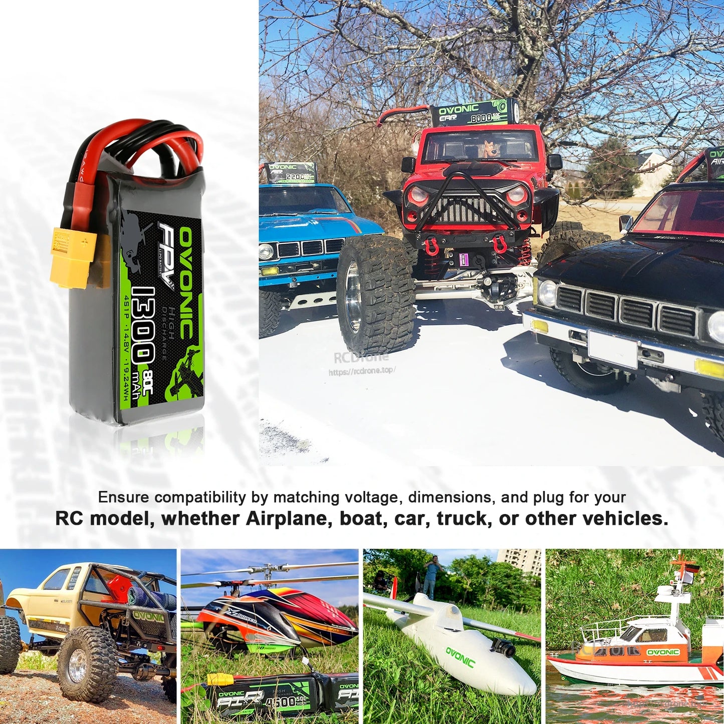 OVONIC LiPo battery shown with RC car, helicopter, airplane, and boat use-case collage
