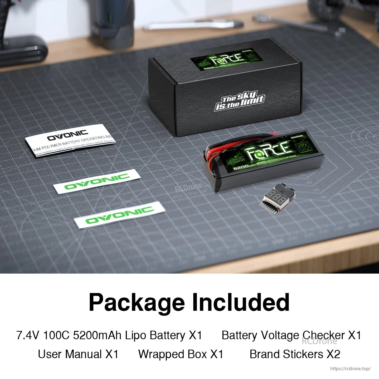 OVONIC battery package contents: hardcase LiPo battery, box, voltage checker, manual, and stickers