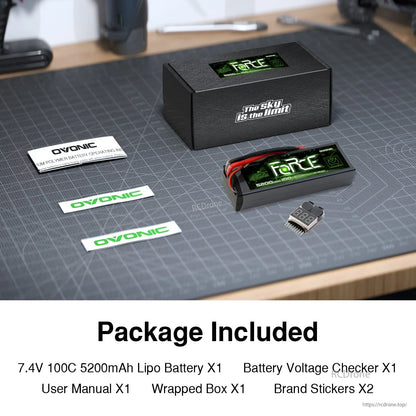 OVONIC battery package contents: hardcase LiPo battery, box, voltage checker, manual, and stickers