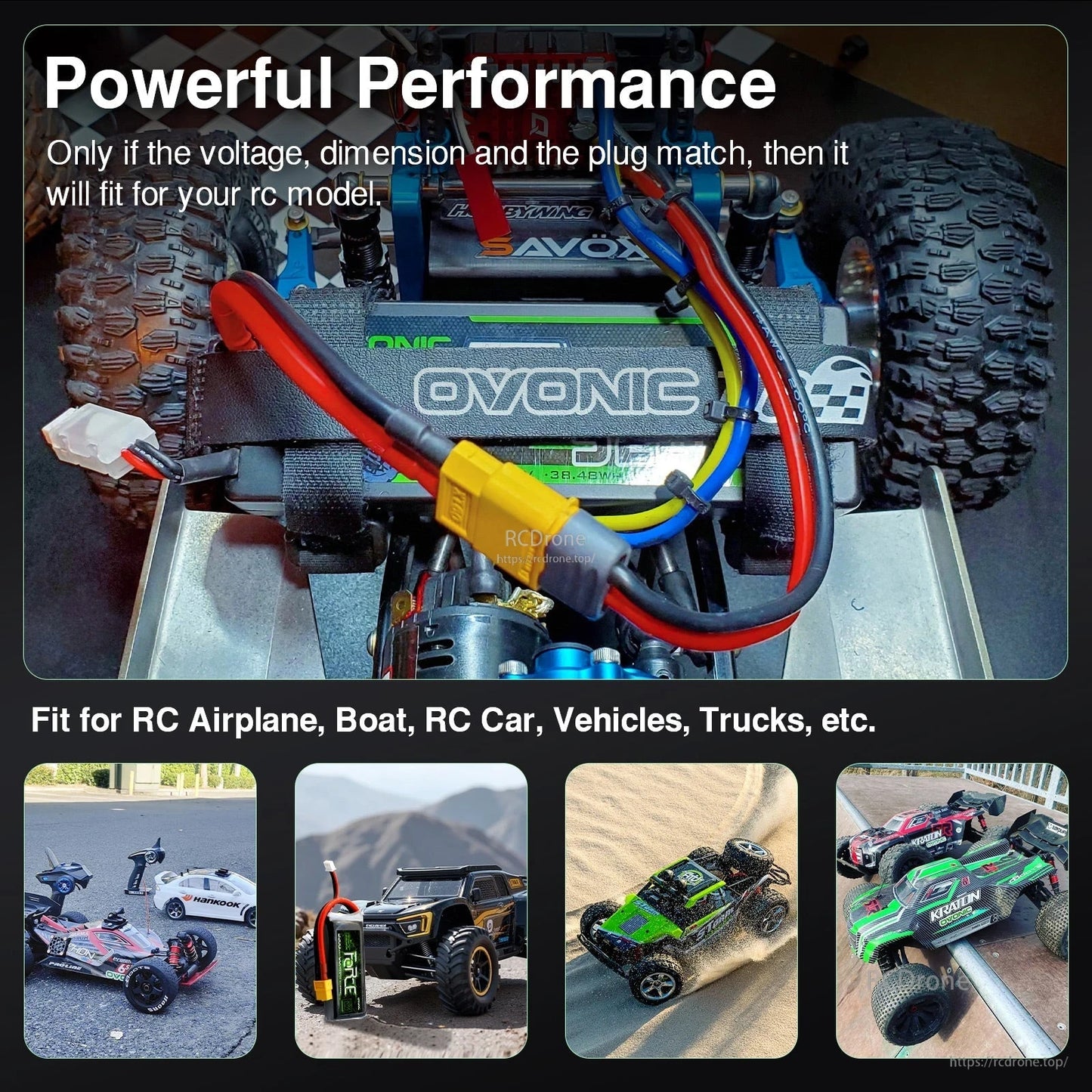 OVONIC hardcase LiPo battery installed in an RC truck chassis with connected wiring