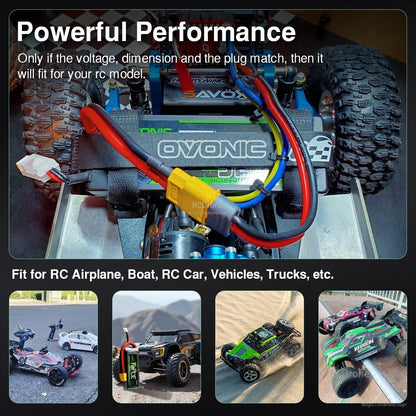 OVONIC hardcase LiPo battery installed in an RC truck chassis with connected wiring