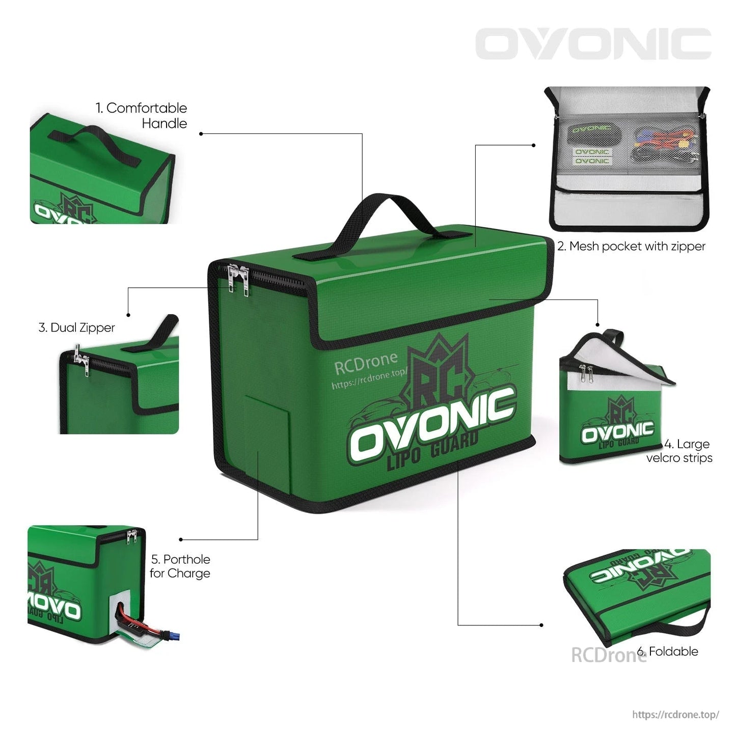 Feature overview of the green bag with carry handle, dual zipper, mesh pocket, Velcro flap, and charging port