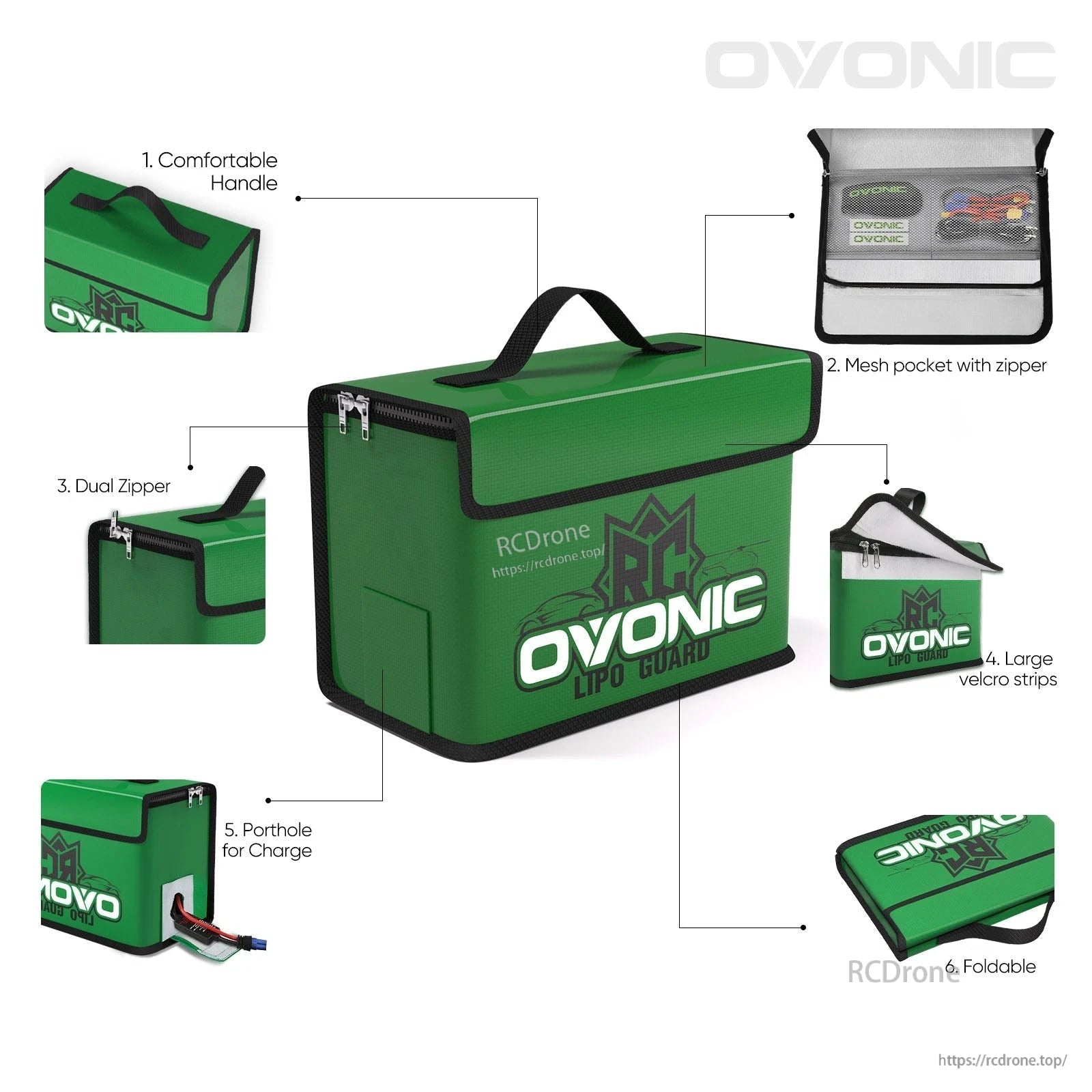 Feature overview of the green bag with carry handle, dual zipper, mesh pocket, Velcro flap, and charging port