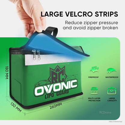 OVONIC Large LiPo Battery Safety Bag with wide Velcro flap and 260 x 130 x 180 mm dimensions