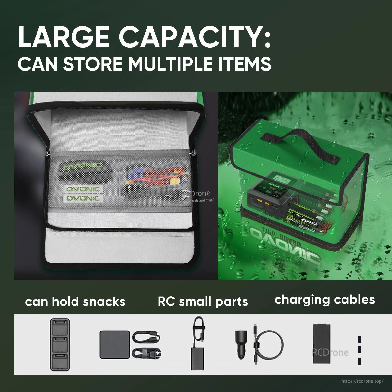 Open safety bag with zippered mesh pocket and space for charging cables, RC parts, and accessories