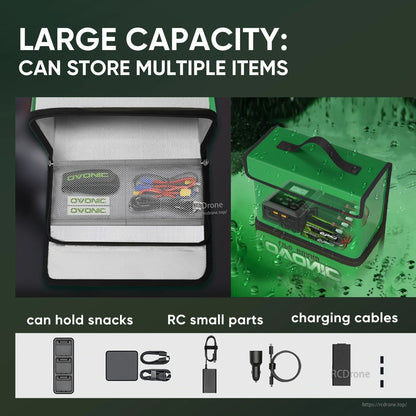 Open safety bag with zippered mesh pocket and space for charging cables, RC parts, and accessories