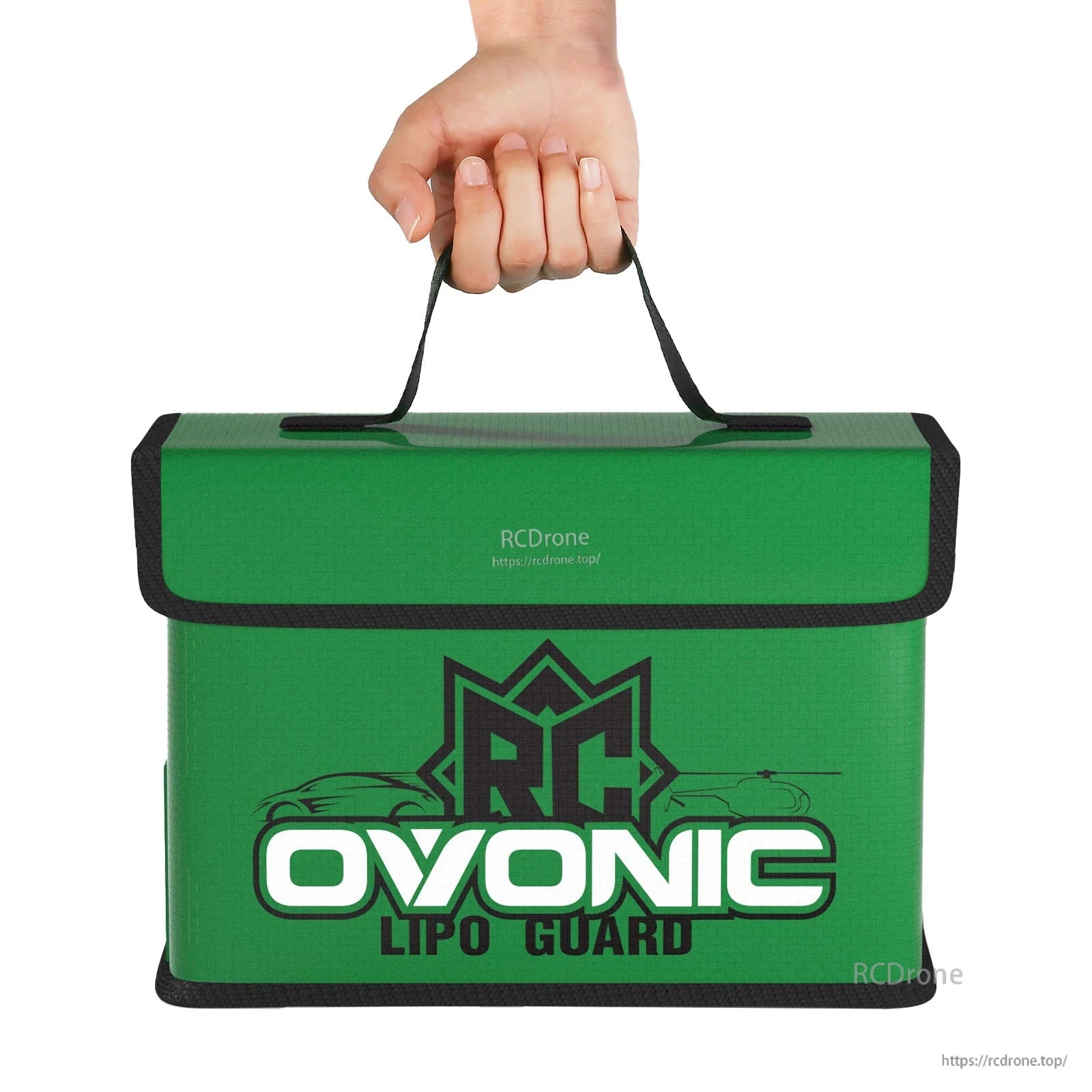 Green OVONIC LiPo Guard bag carried by its top handle