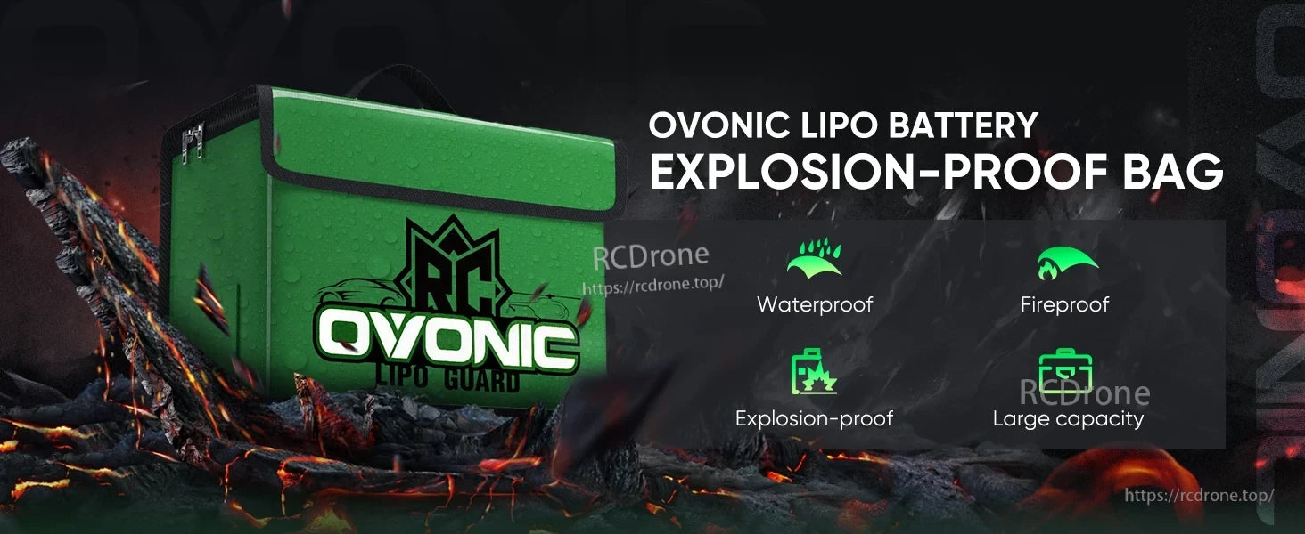 OVONIC Large LiPo Battery Safety Bag with green Velcro flap and carry handle