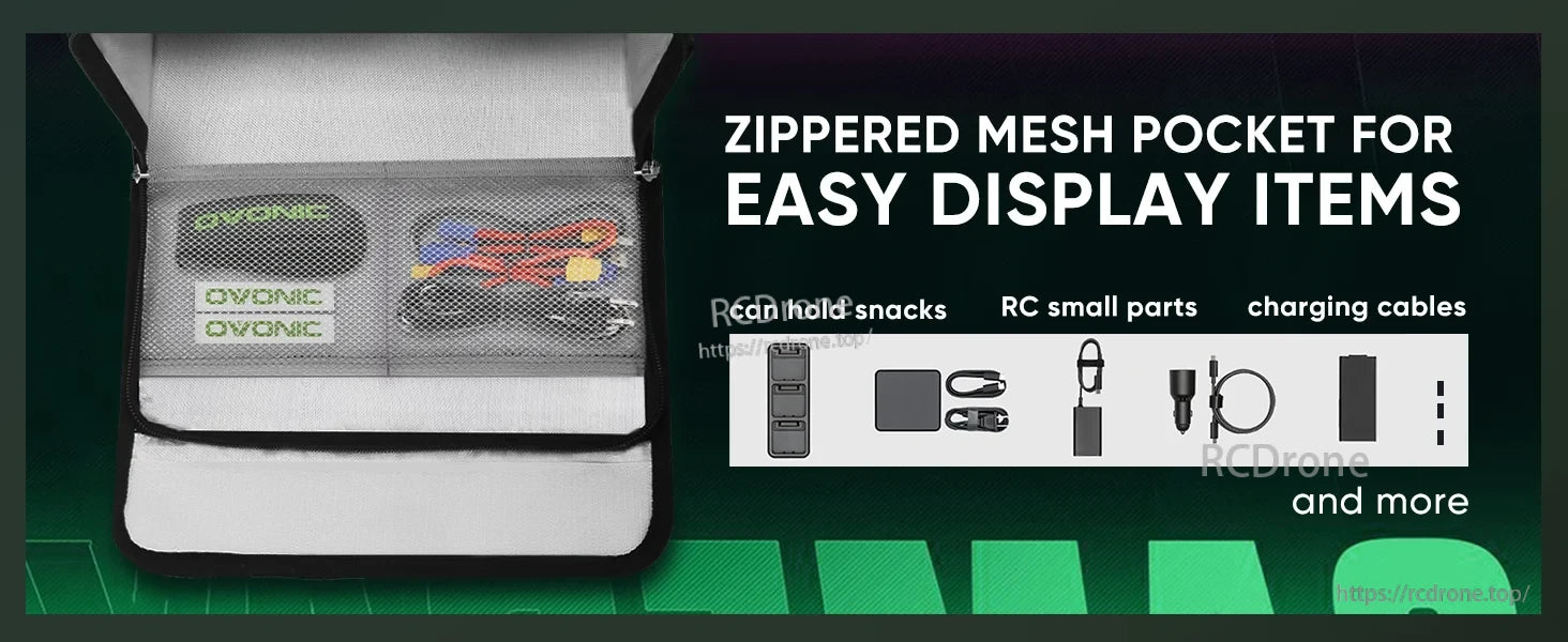 Open bag with zippered mesh pocket holding LiPo packs, cables, and small RC parts