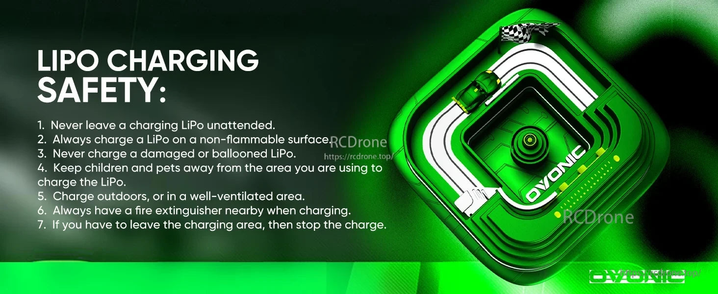 LiPo charging safety instructions beside an OVONIC battery safety bag