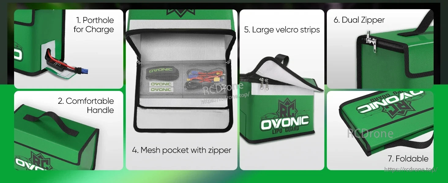 OVONIC battery bag feature overview with carry handle, cable port, mesh pocket, and zippers