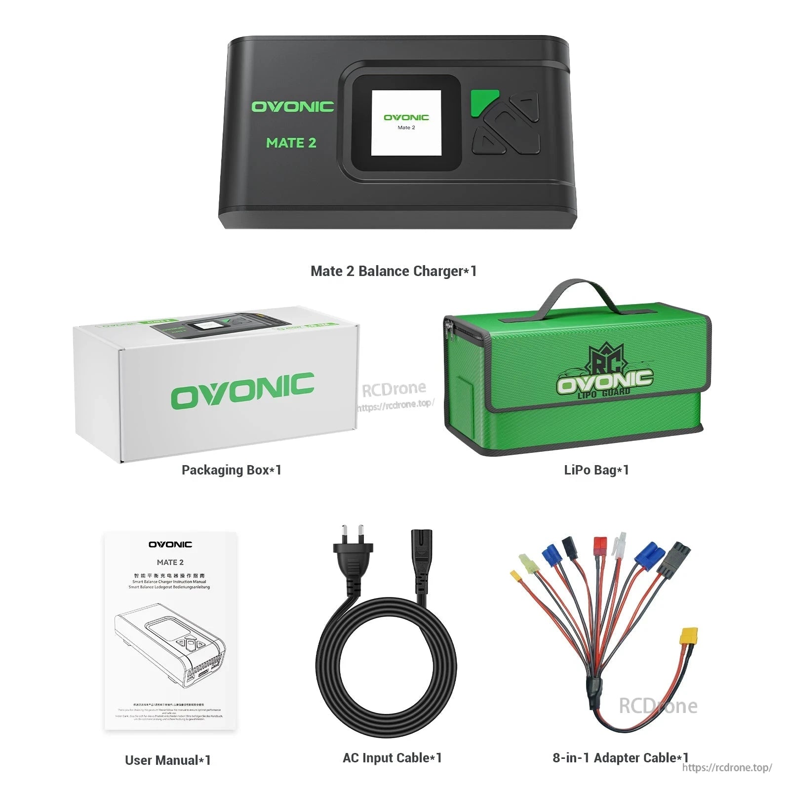 Black OVONIC Mate2 200W 12A Smart Balance Charger package contents and included accessories