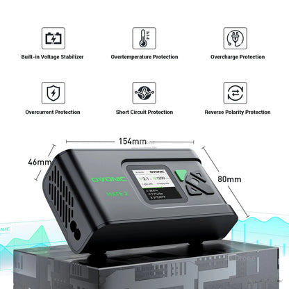 Black OVONIC Mate2 charger size diagram with six built-in protection feature icons