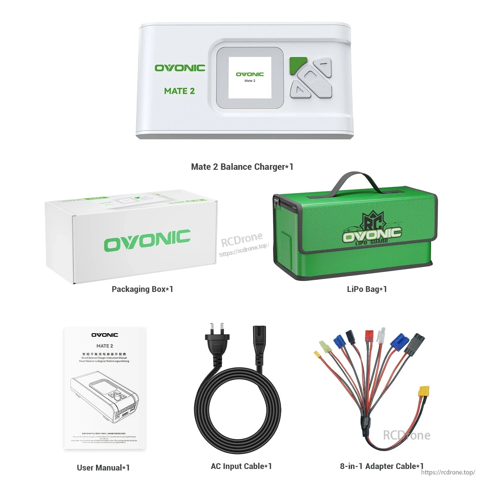 White OVONIC Mate2 charger package contents with LiPo bag, AC cable, manual, and 8-in-1 adapter cable