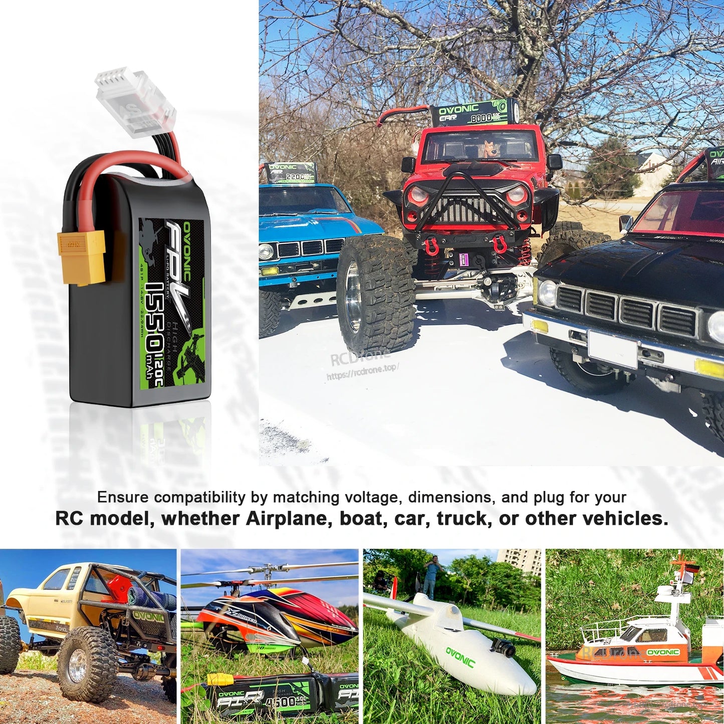 RC application collage showing battery used for airplane, boat, car, truck, and other vehicles