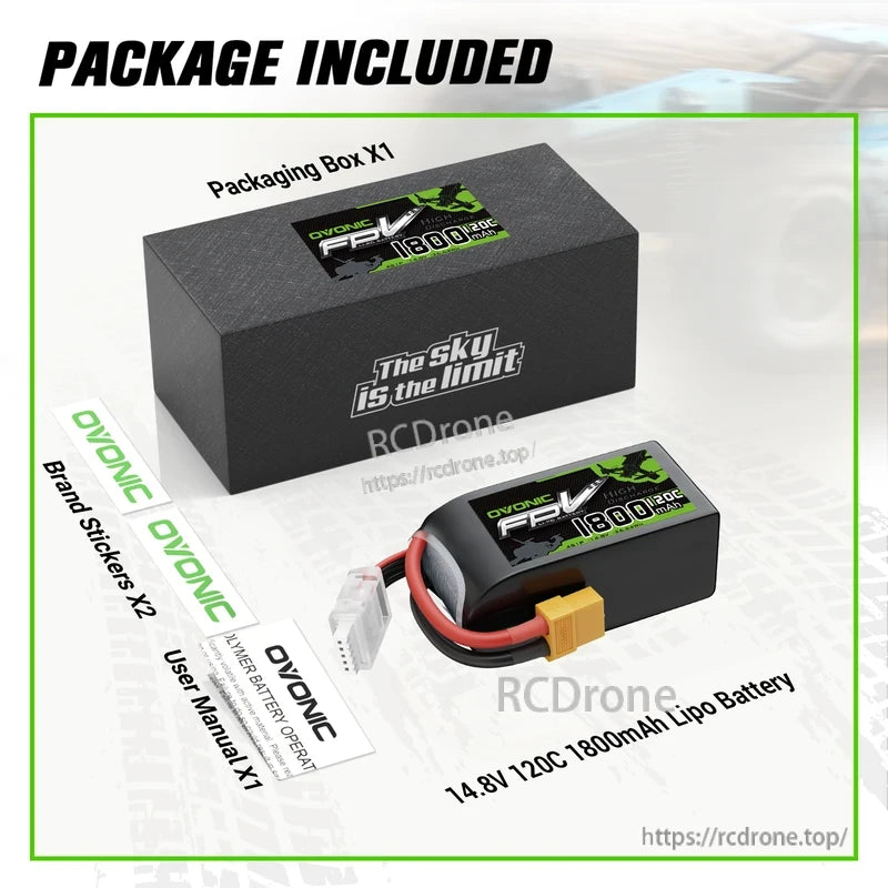 Package contents: OVONIC 14.8V 1800mAh 120C LiPo battery, retail box, brand stickers, and user manual