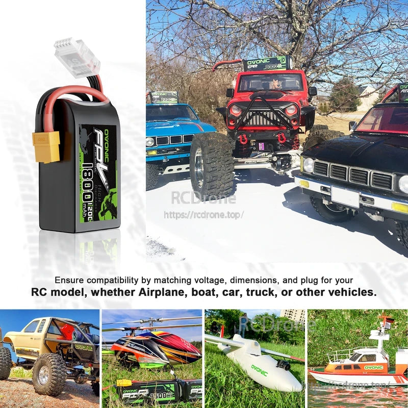 OVONIC LiPo battery shown with RC model applications collage (car, truck, helicopter, airplane, boat)