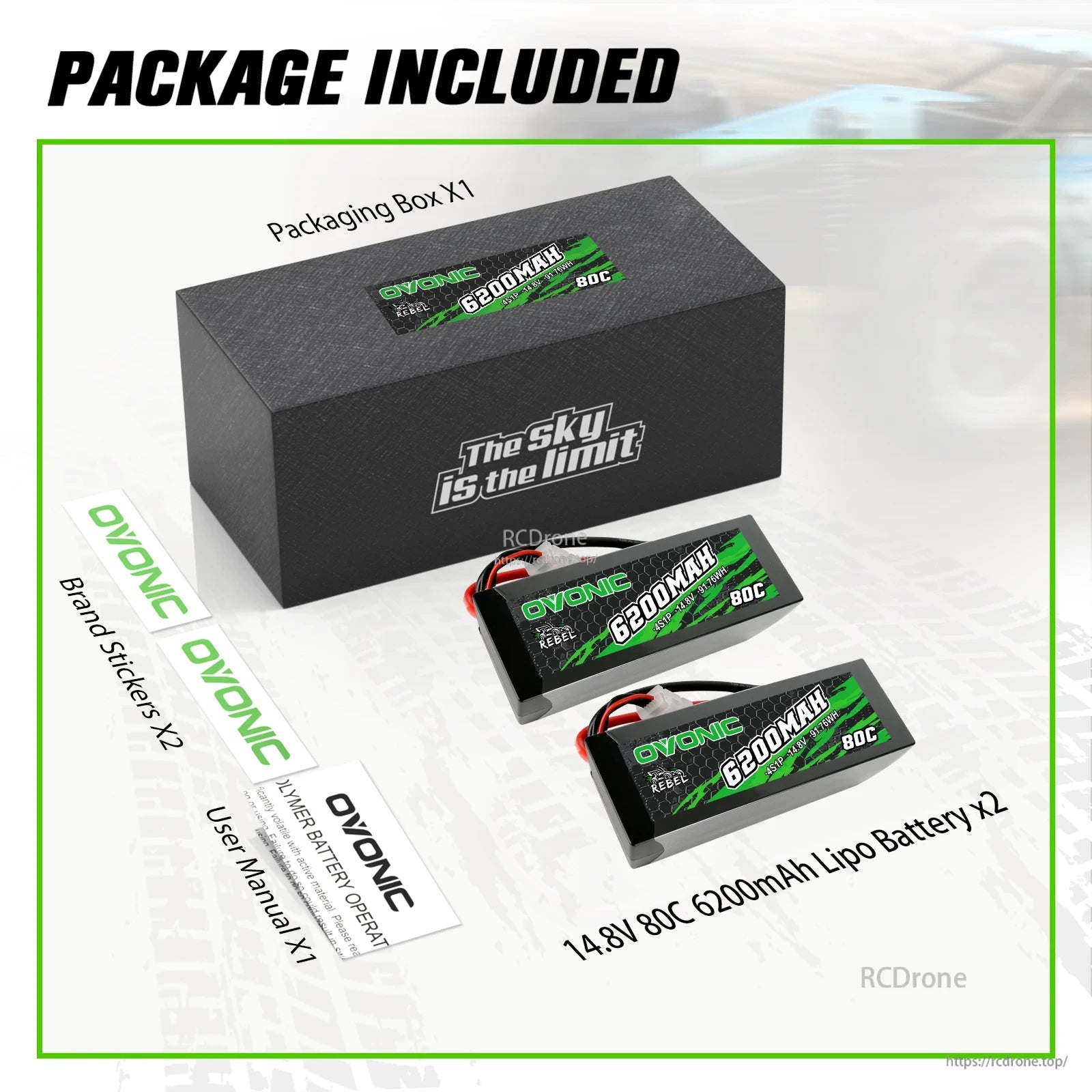 Package contents: two 14.8V 6200mAh 80C hardcase LiPo batteries, box, brand stickers, user manual