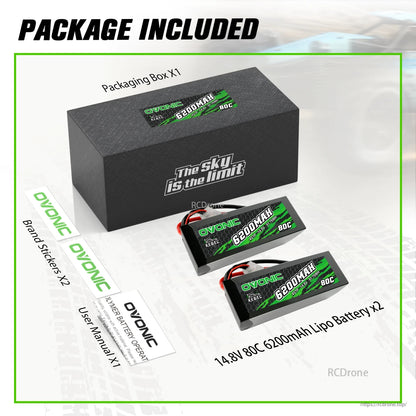 Package contents: two 14.8V 6200mAh 80C hardcase LiPo batteries, box, brand stickers, user manual