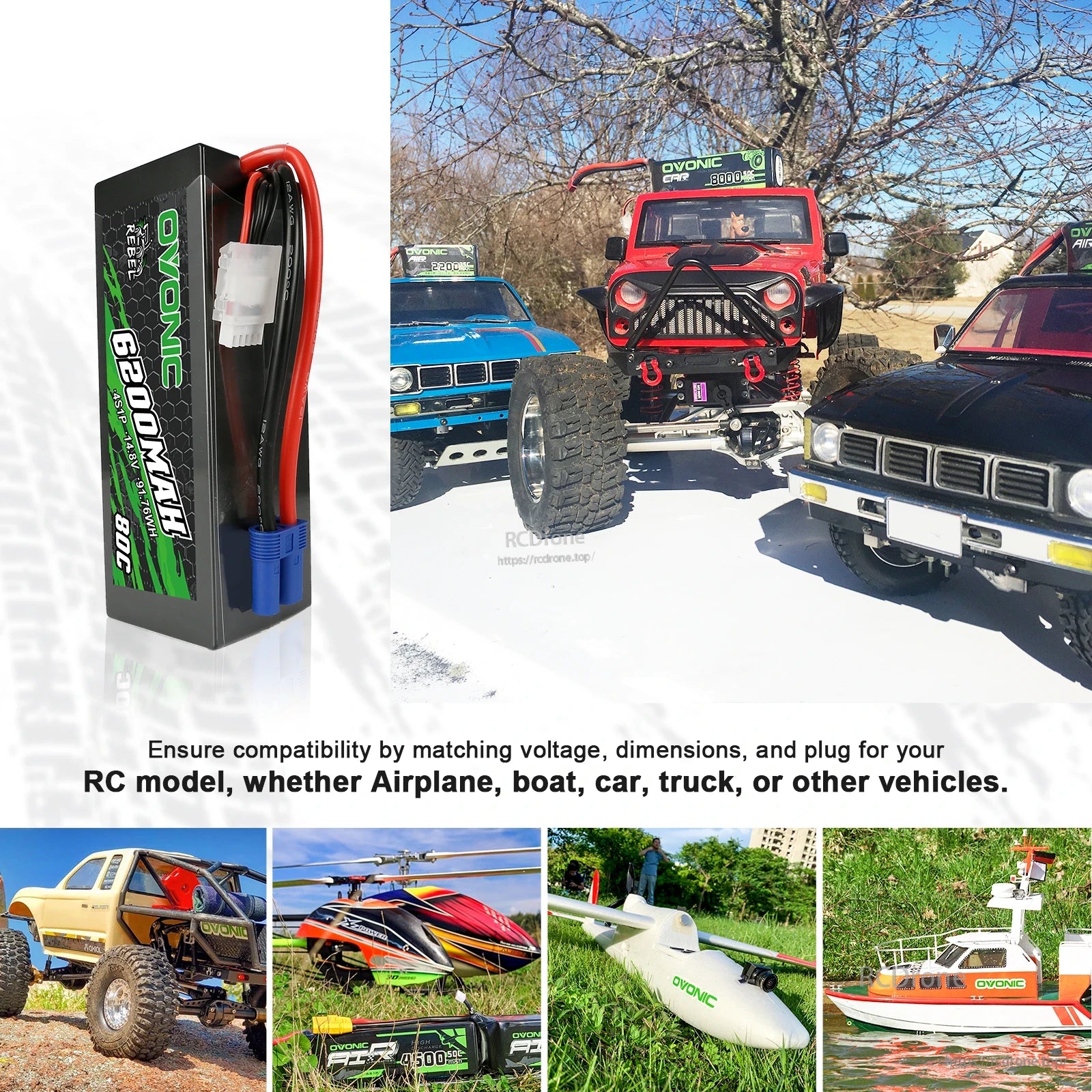Application collage showing hardcase LiPo with EC5 connector used in RC cars, boats, and aircraft