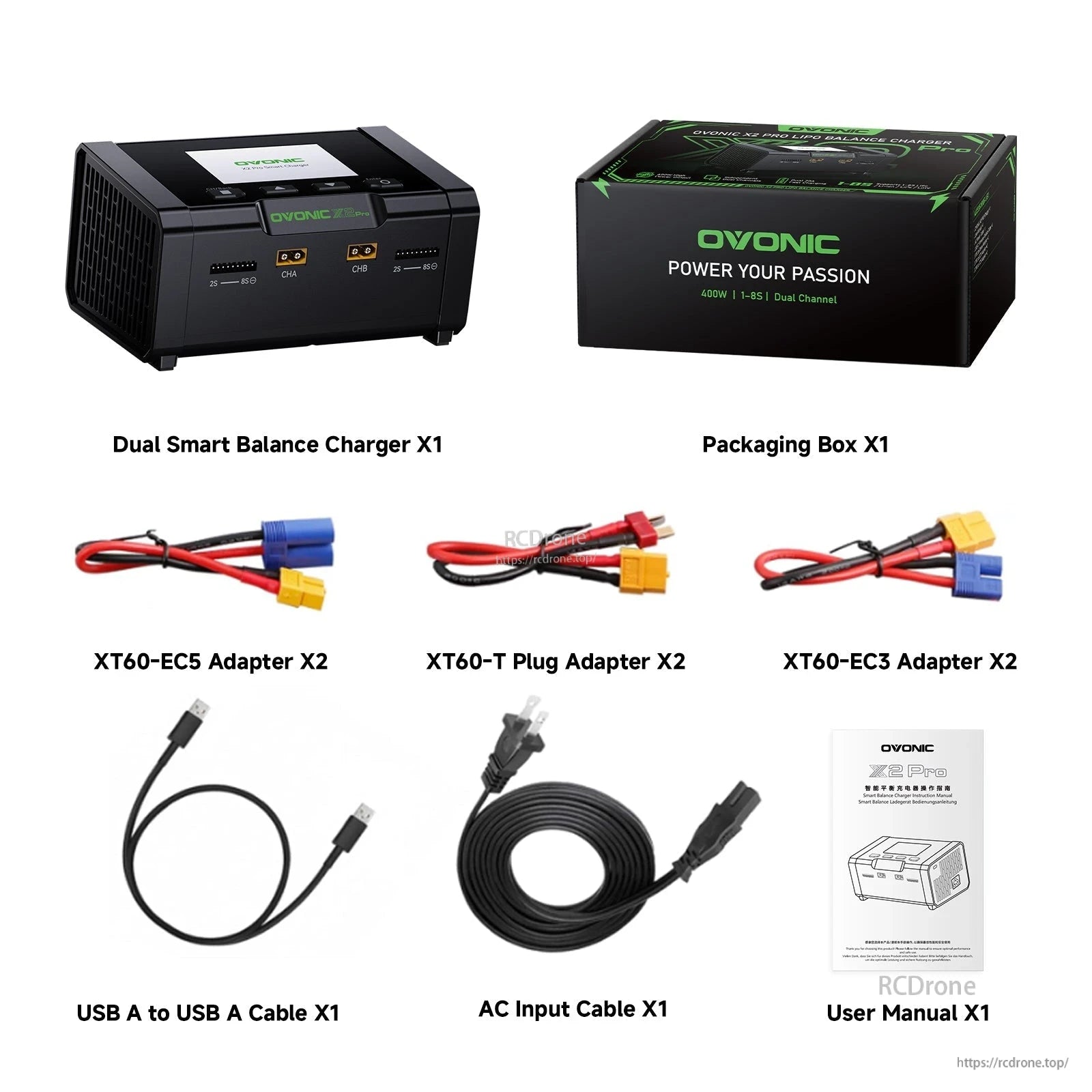 X2 Pro charger package contents with AC cable, USB cable, adapters, manual, and retail box