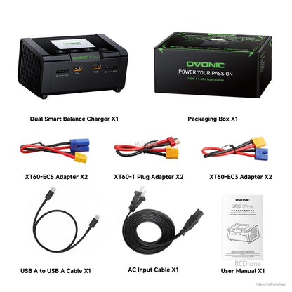 X2 Pro charger package contents with AC cable, USB cable, adapters, manual, and retail box