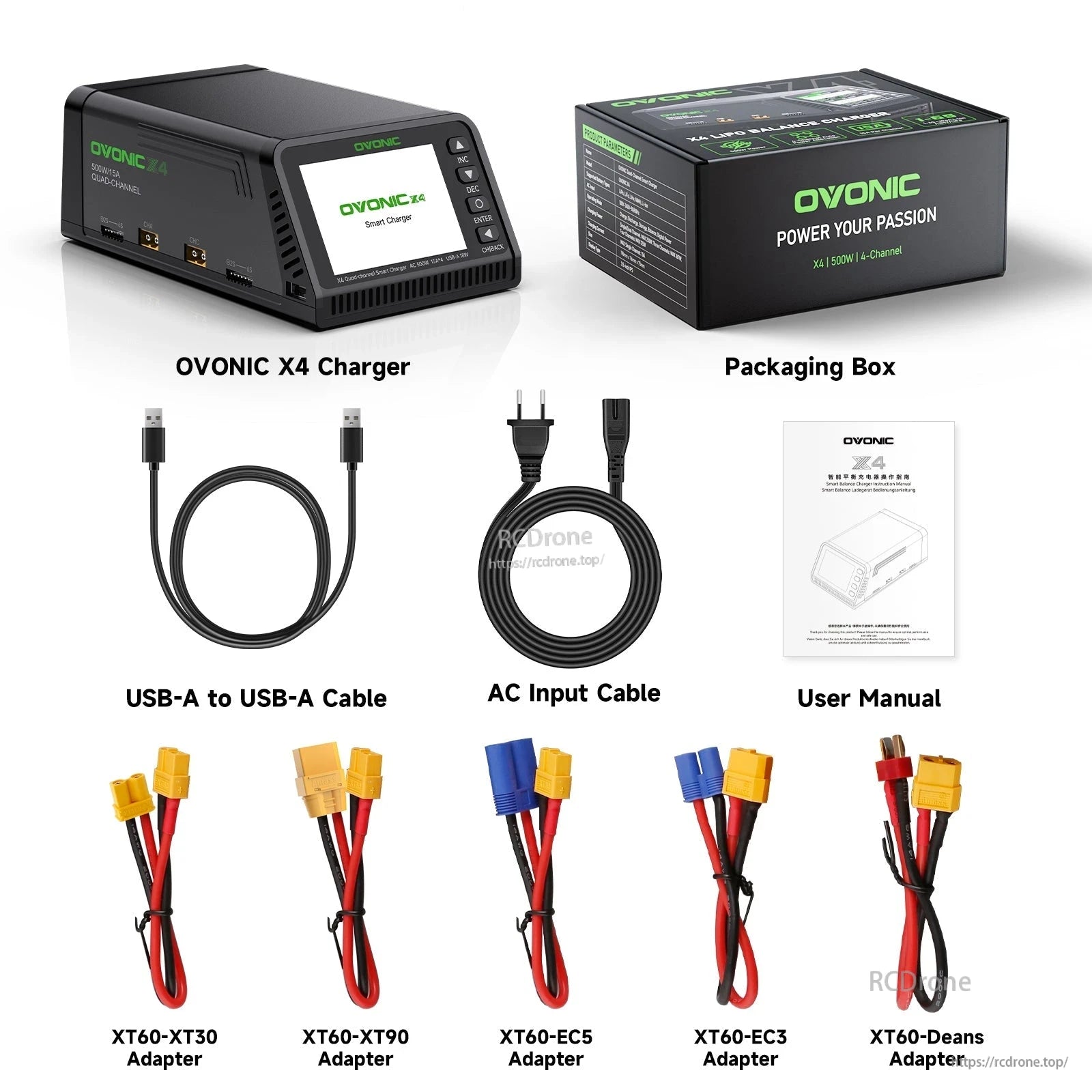 OVONIC X4 charger package contents with AC cable, USB cable, manual, and adapter leads