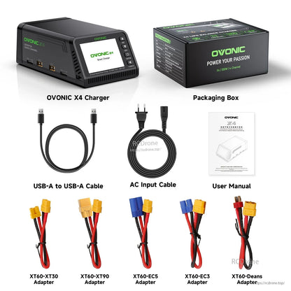 OVONIC X4 charger package contents with AC cable, USB cable, manual, and adapter leads