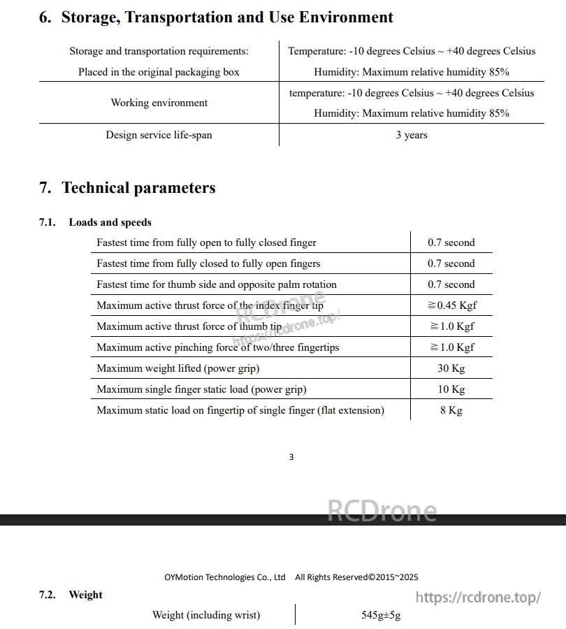 OYMotion ROH-A002 Robot Hand: -10°C to 40°C, 85% humidity, 0.7s speed, 30kg grip, 8kg fingertip load, 545g, 3-year lifespan.