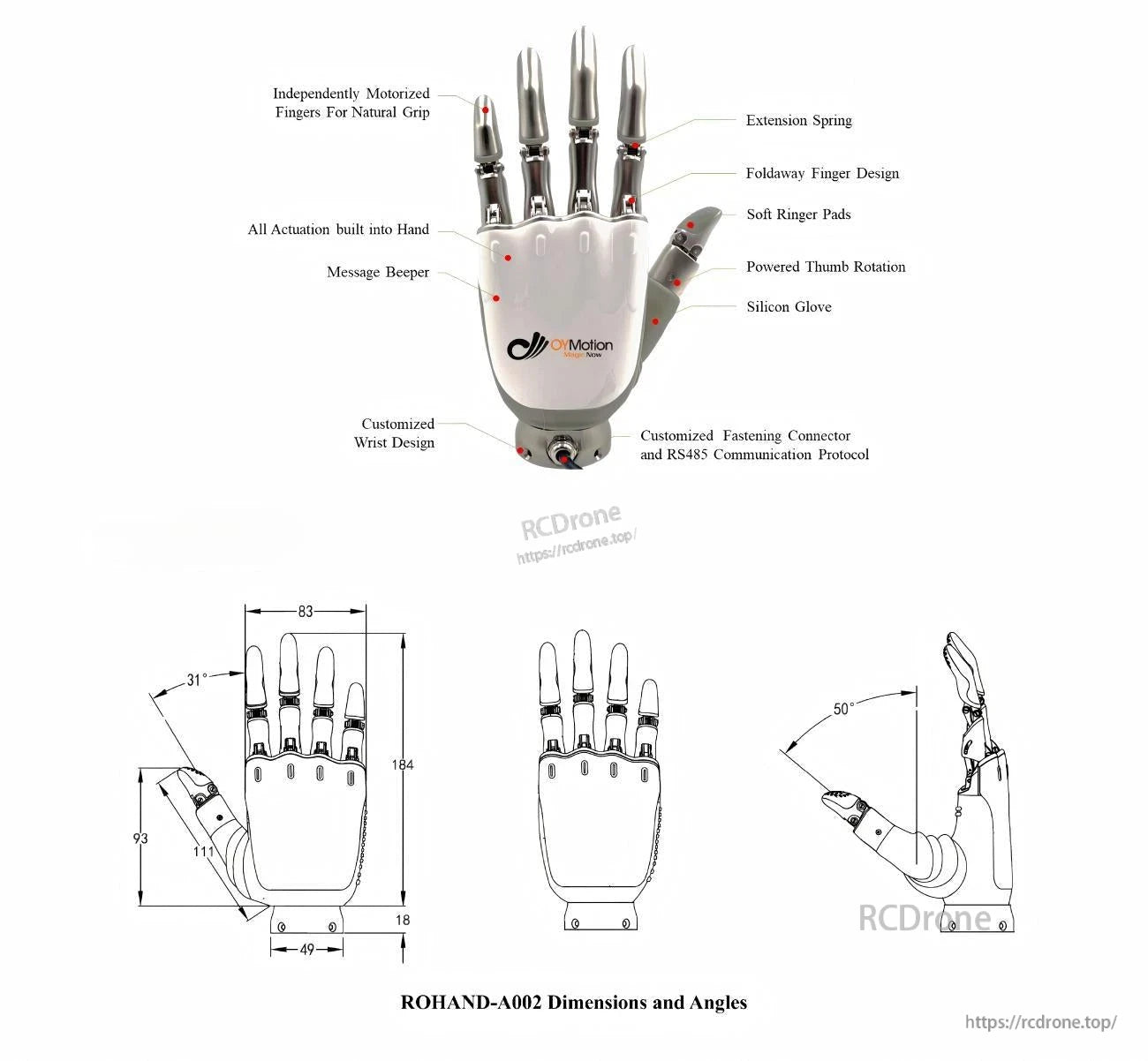 OYMotion ROH-A002 Robot Hand, The OYMotion ROH-A002 robotic hand features motorized fingers, a powered thumb, silicone glove, beeper, and RS485 for precise, natural grip.