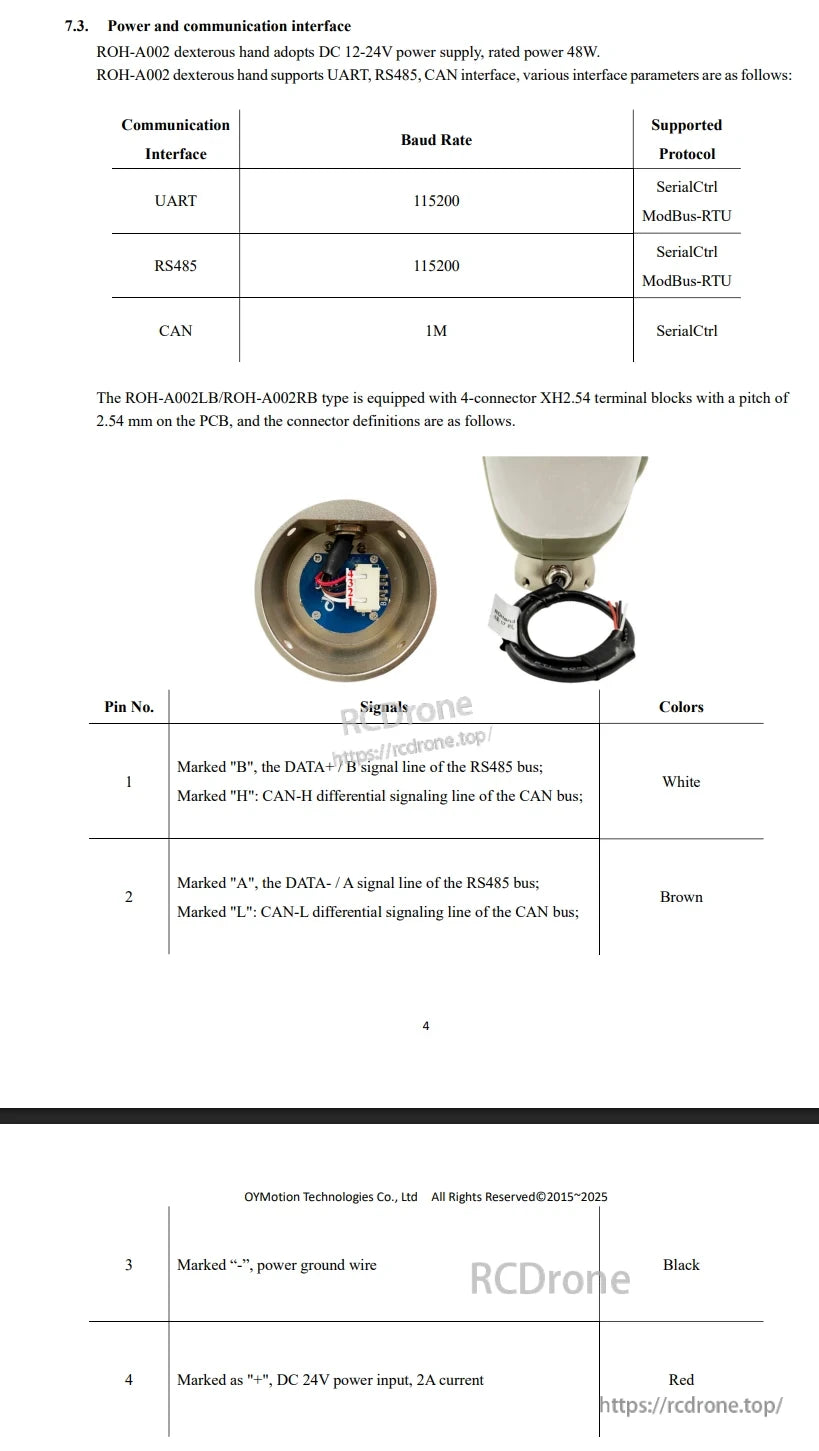 OYMotion ROH-A002 Robot Hand, The ROH-A002 robot hand uses 12–24V DC, 48W, with UART/RS485/CAN interfaces and a defined XH2.54 pinout for power and signals.