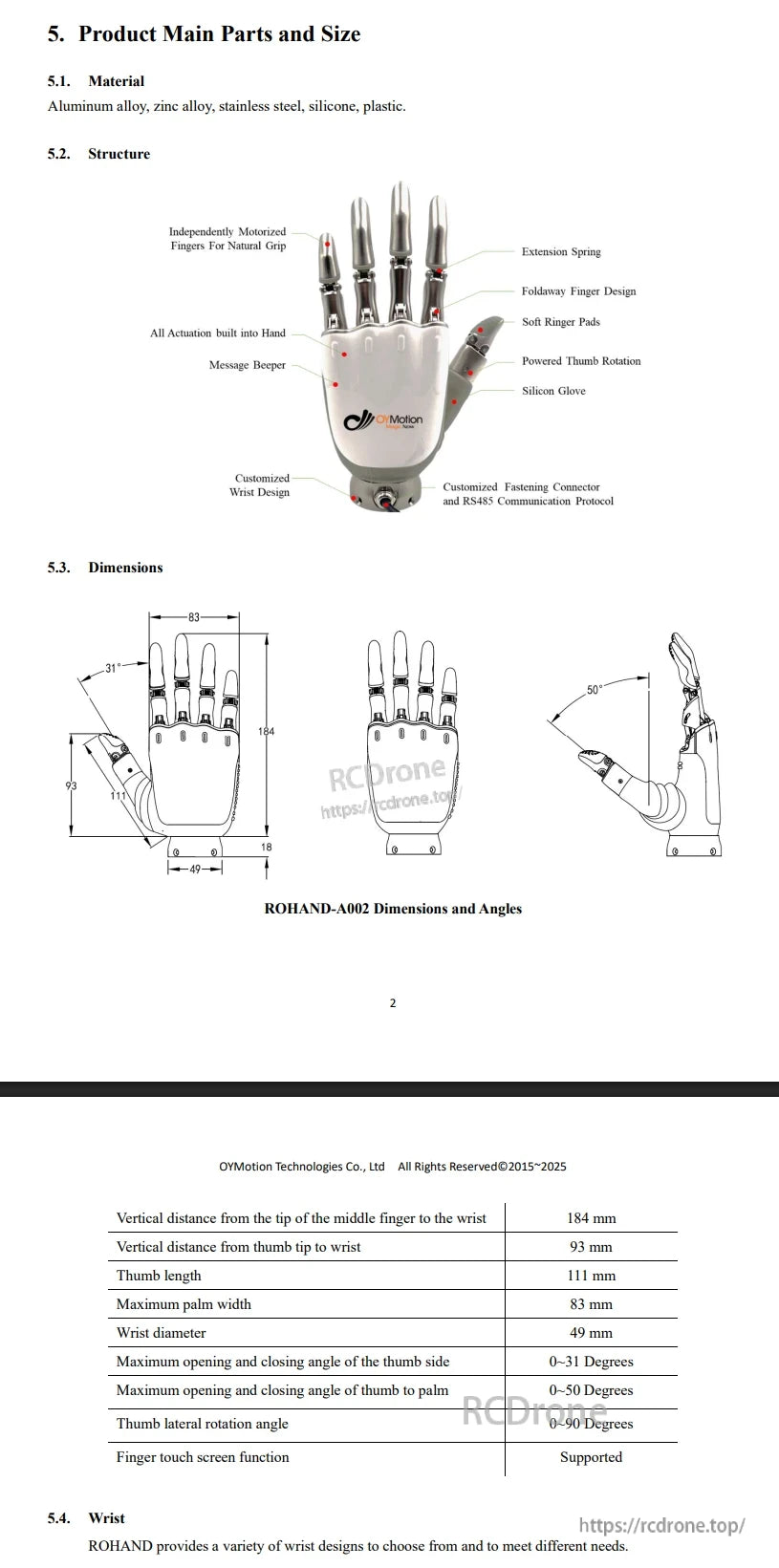 OYMotion ROH-A002 Robot Hand, The ROHAND-A002 robotic hand features motorized fingers, foldable design, silicone glove, customizable wrist, and 0–90° thumb rotation.