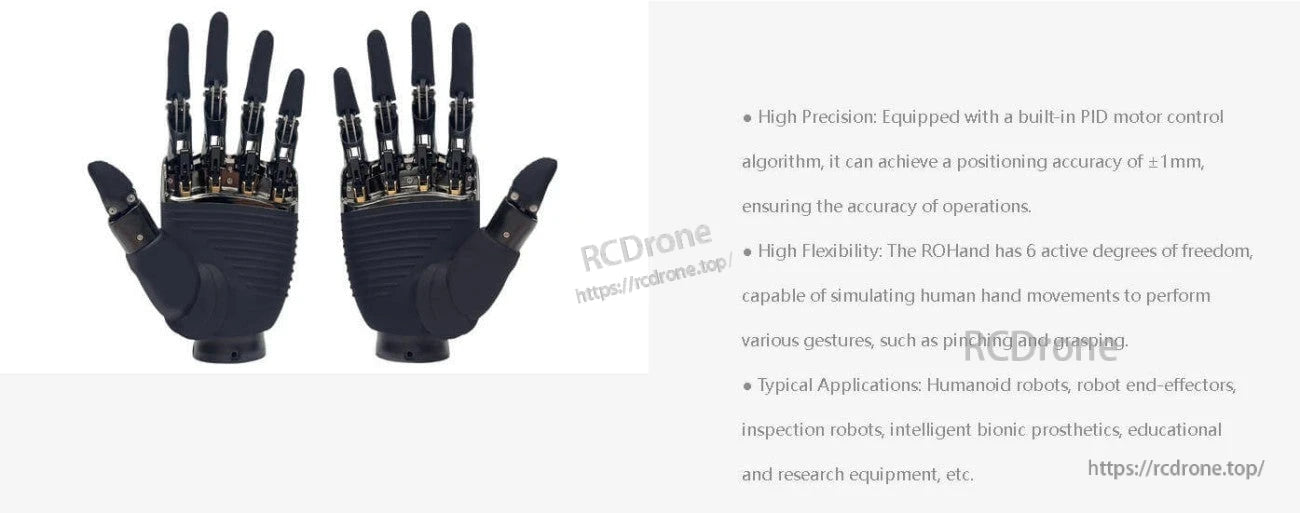 OYMotion ROH-AP001 Dexterous Robot Hand, ROHand offers ±1mm accuracy, six active degrees of freedom, and human-like motions for robotics, prosthetics, inspection, and research.