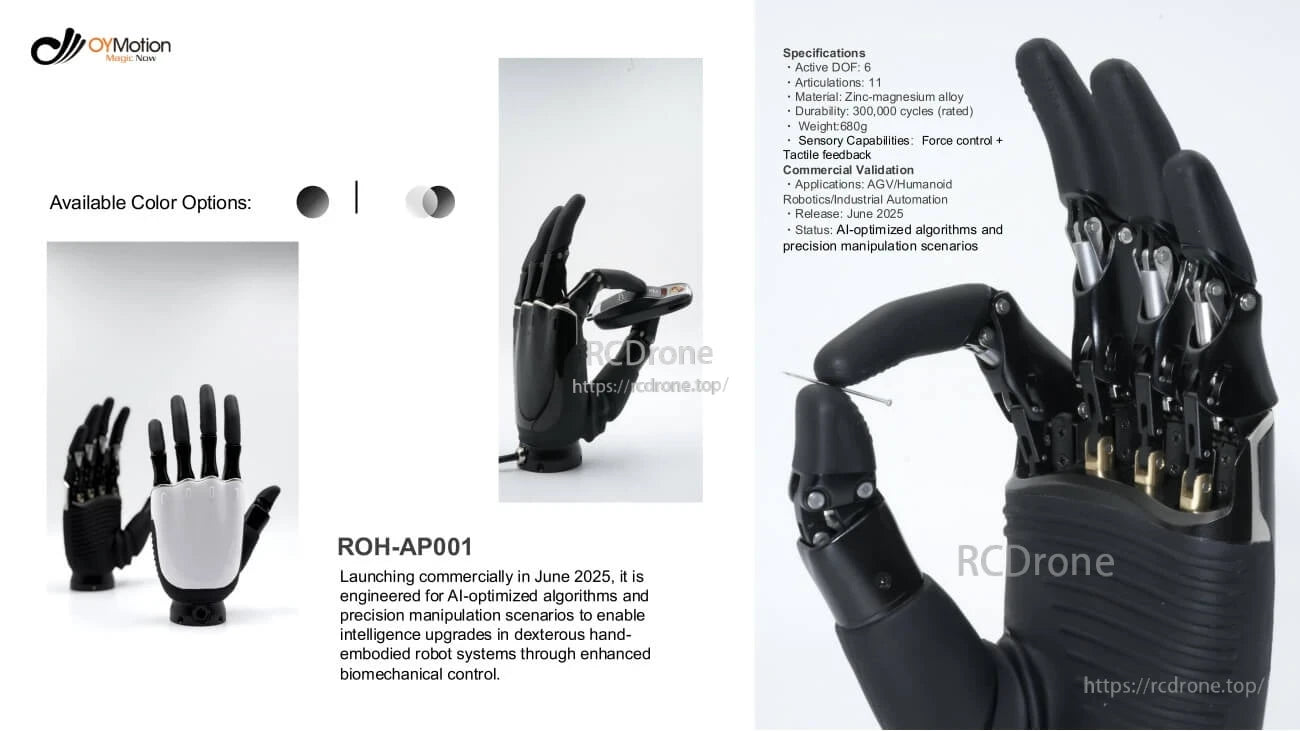 OYMotion ROH-AP001 Dexterous Robot Hand, The OYMotion ROH-AP001 robot hand features 6 DOF, force/tactile feedback, and durable lightweight construction, launching June 2025.