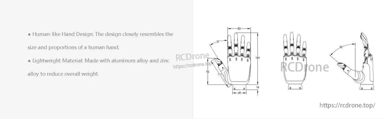 OYMotion ROH-AP001 Dexterous Robot Hand, Human-like dexterous robot hand with lightweight aluminum zinc alloy construction and precise dimensions.