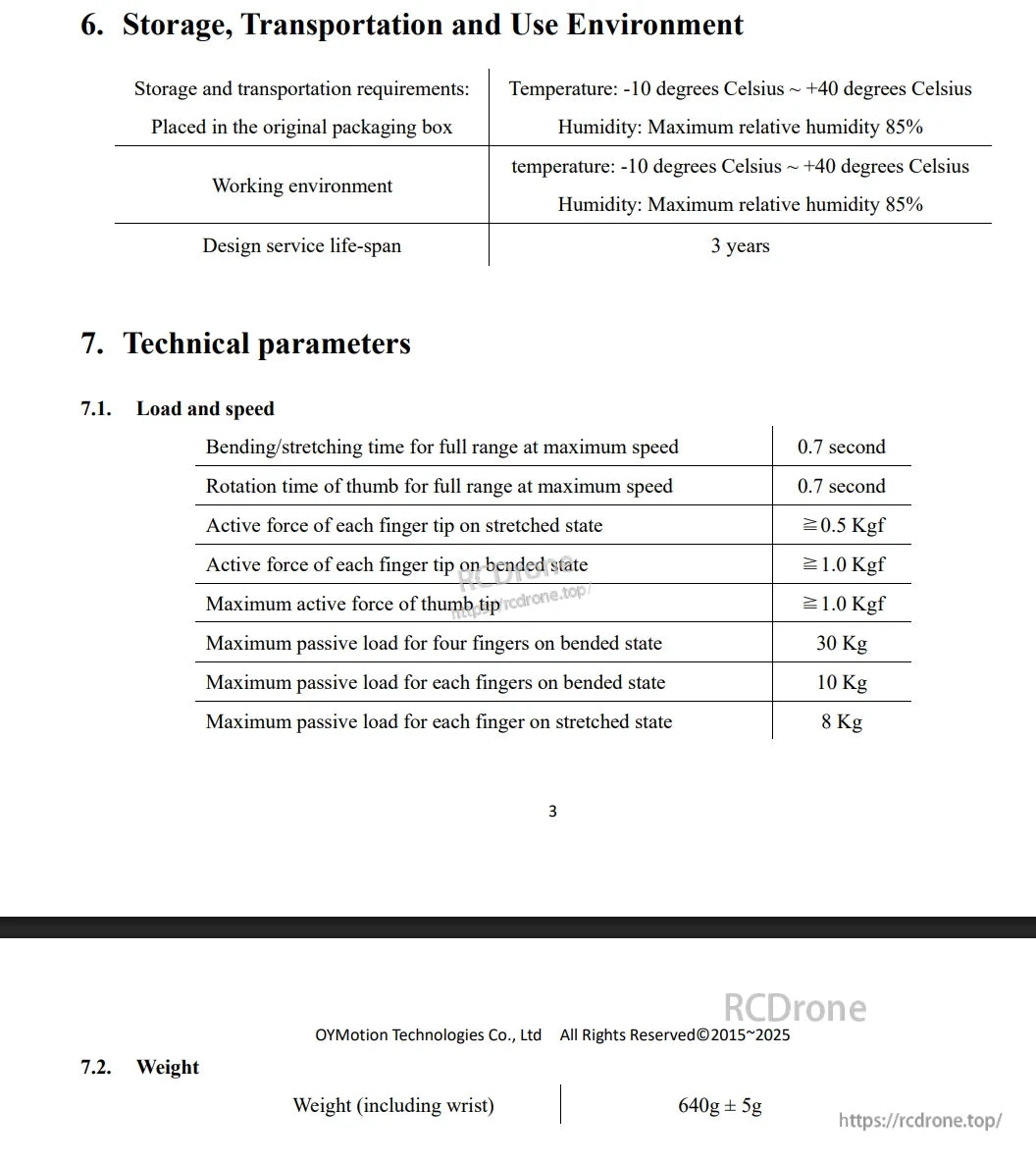 OYMotion ROH-AP001 Dexterous Robot Hand, OYMotion ROH-AP001 robot hand operates in -10°C to 40°C, weighs 640g, lasts 3 years, with finger force ≥0.5–1.0 Kgf and passive load up to 30kg.