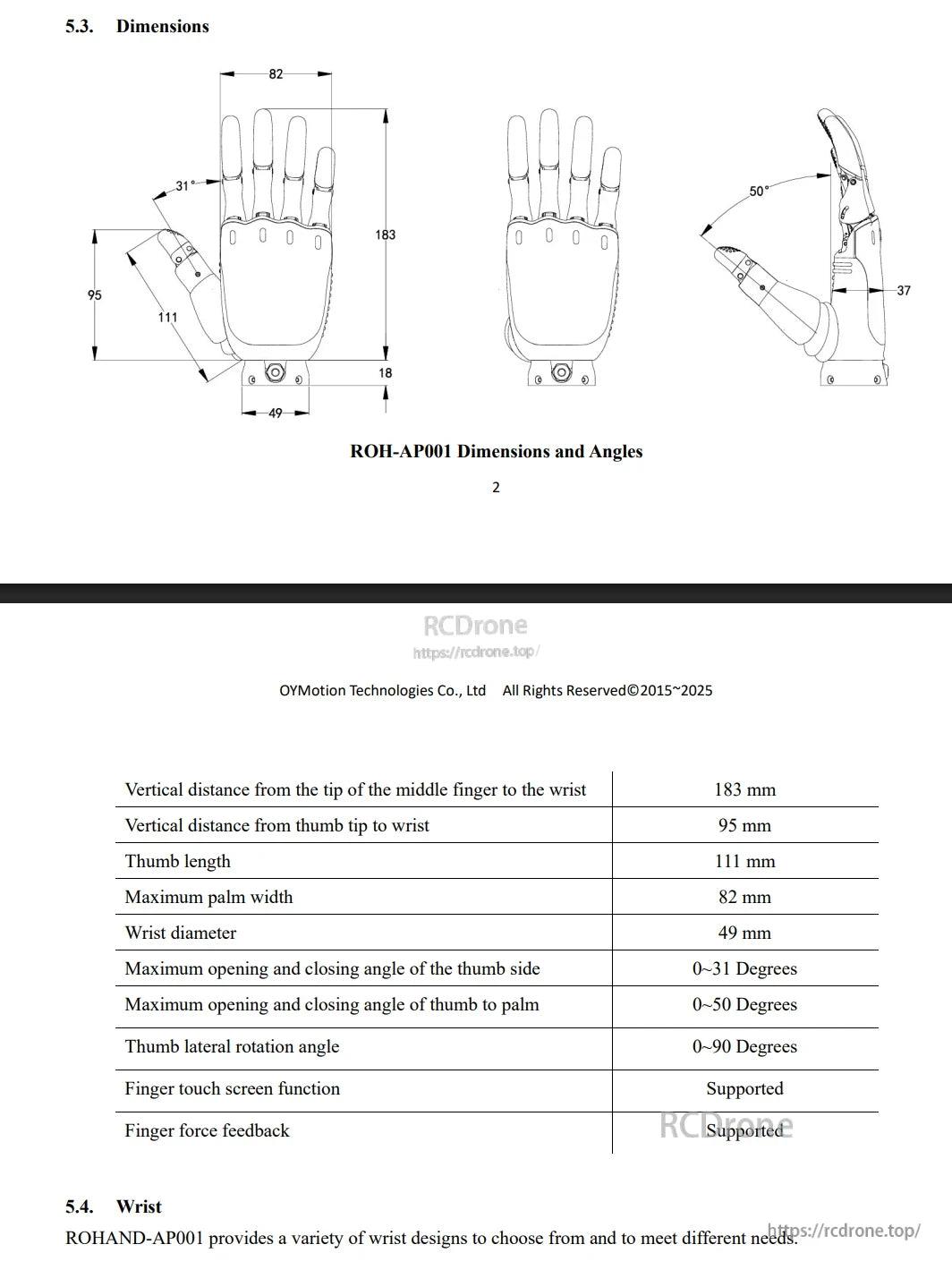 OYMotion ROH-AP001 Dexterous Robot Hand, ROH-AP001 robot hand specs: dimensions, thumb angles, touchscreen support, and force feedback.