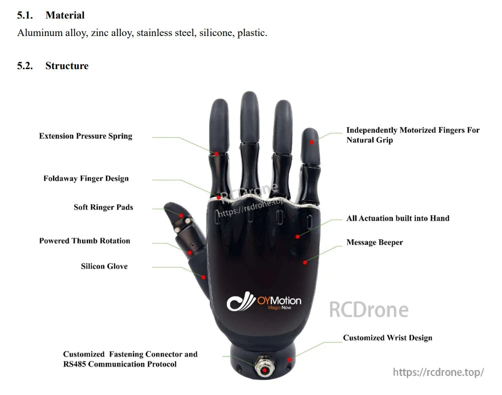 OYMotion ROH-AP001 Dexterous Robot Hand, The OYMotion ROH-AP001 robot hand features motorized fingers, a powered thumb, silicone glove, and foldaway design with RS485 protocol and pressure springs.
