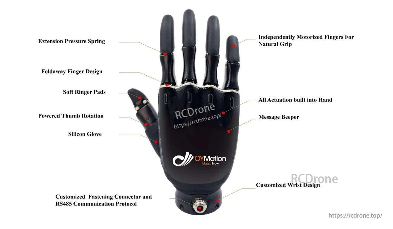 OYMotion ROH-AP001 Dexterous Robot Hand, OYMotion robot hand features motorized fingers, soft pads, powered thumb, and RS485 for a natural, dexterous grip.