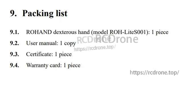 OYMotion ROH-LiteS001 Robot Hand, ROHAND ROH-LiteS001 dexterous hand includes manual, certificate, and warranty card in its packing list.