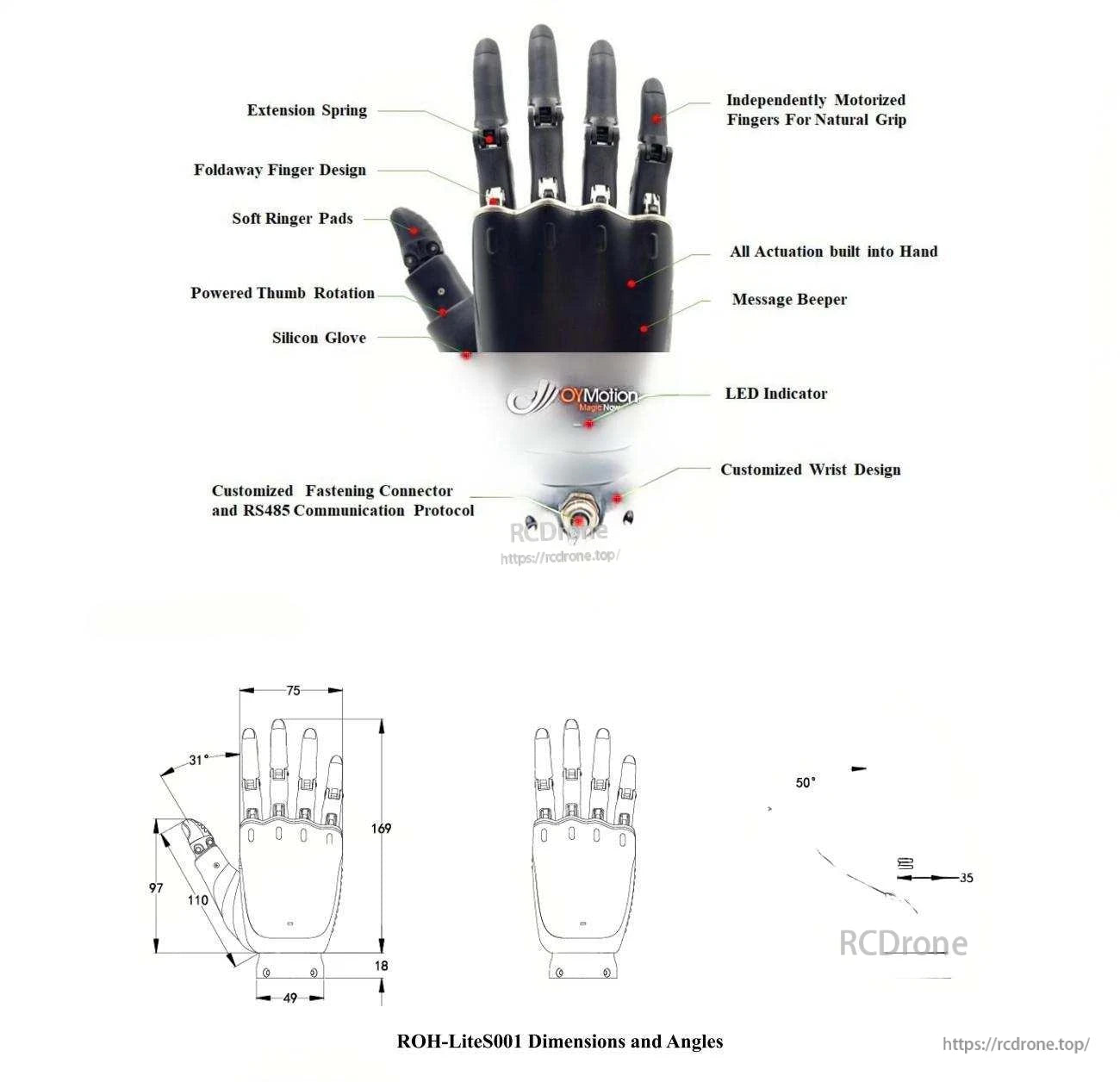 OYMotion ROH-LiteS001 Robot Hand, The OYMotion ROH-LiteS001 robotic hand features motorized fingers, a foldable design, soft pads, powered thumb, silicone glove, and RS485 connectivity.