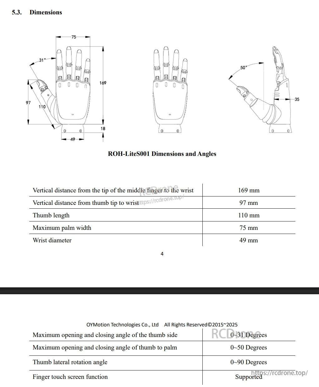 OYMotion ROH-LiteS001 Robot Hand, ROH-LiteS001 robot hand specs: finger/thumb lengths, palm/wrist sizes, thumb angles (0–31°, 0–50°, 0–90°), and touchscreen support.