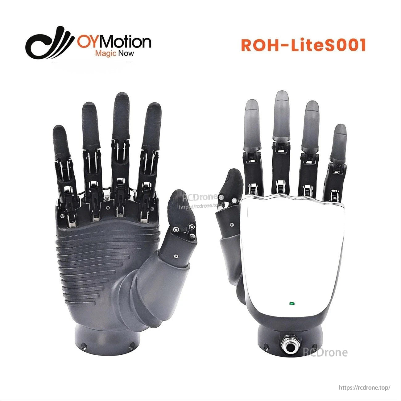 OYMotion ROH-LiteS001 Robot Hand, The design features soft finger pads, a silicone glove, LED indicator, and message beeper for stable contact and status feedback.