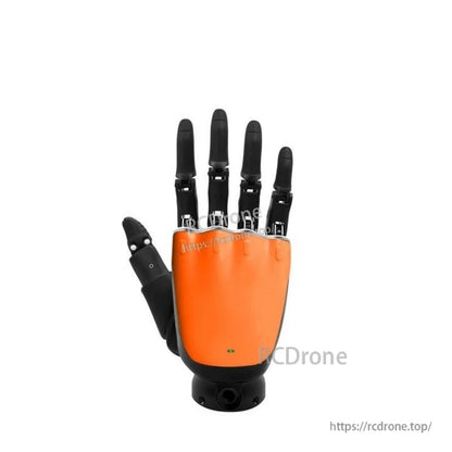 OYMotion ROH-LiteS001 Robot Hand, Orange robotic hand with powered thumb, supports UART/RS485/CAN, runs on 12–24V DC, weighs 457g ±5g.
