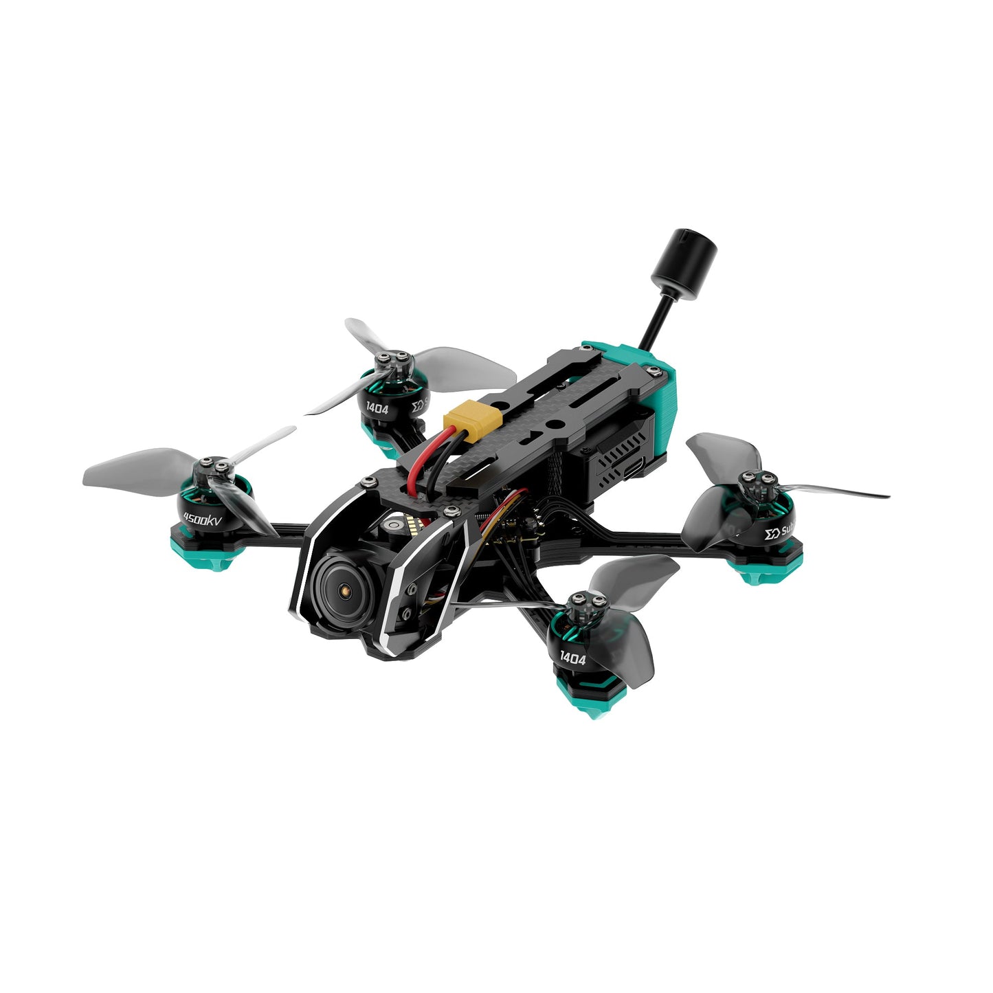 Oasisfly25 2.5in HD O3 quadcopter angled view showing top plate, XT30 battery lead, and four prop guards