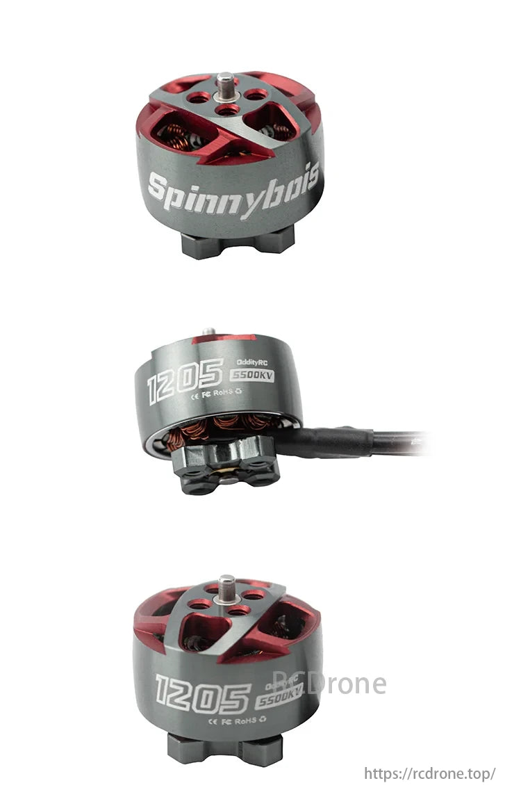 OddityRC 1205 FPV Motor, 5500KV, features Spinnybois branding, compact design, and a red/gray color scheme.