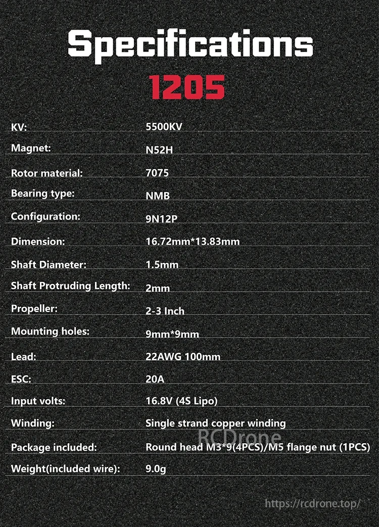 OddityRC 1205 FPV Motor, 1205 FPV Motor Specs: 5500KV, N52H magnet, 7075 rotor, NMB bearing, 9N12P, 16.72x13.83mm, 1.5mm shaft, 2-3" prop, 20A ESC, 16.8V, copper winding, 9g.